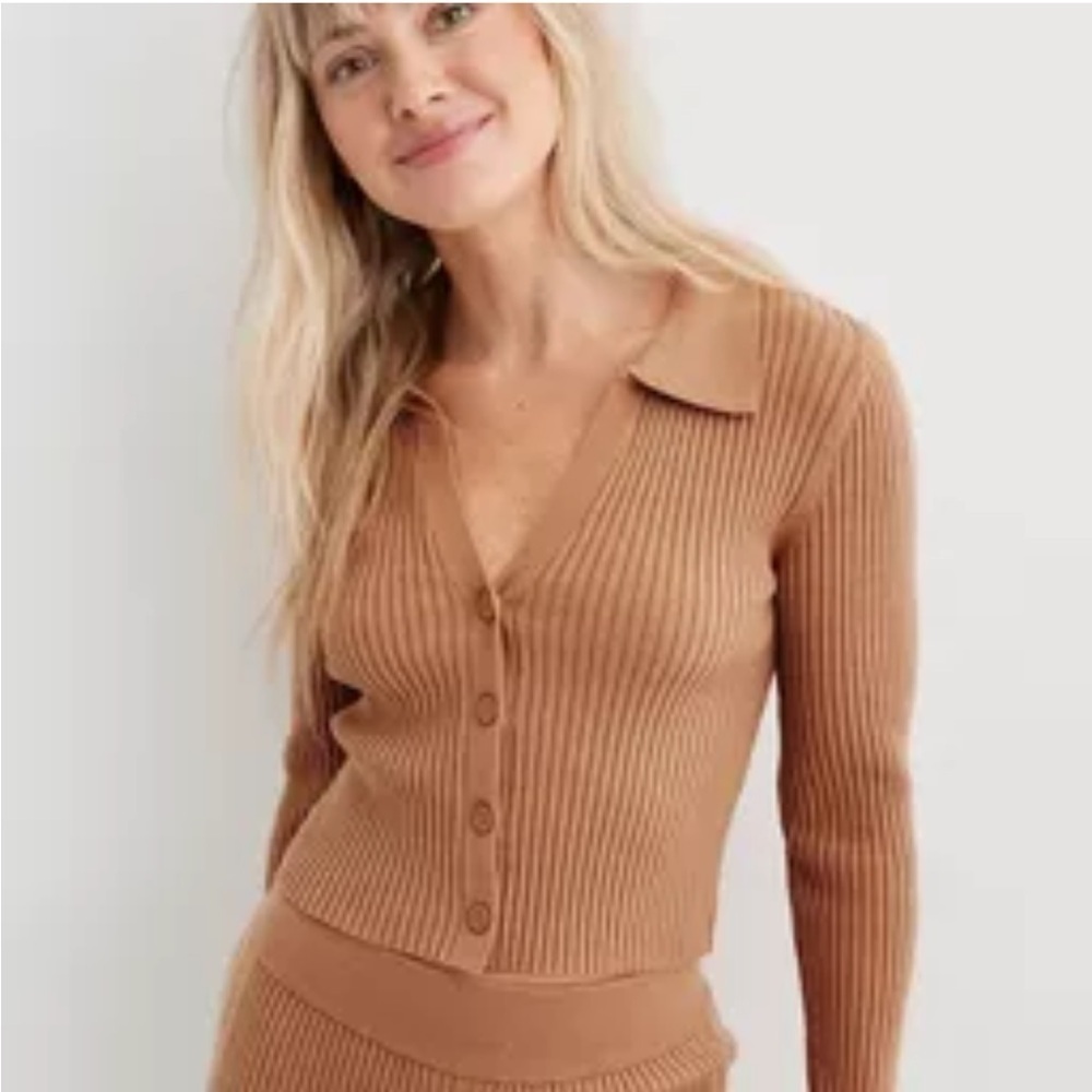 Aerie Gotta Jet! Brown Polo Sweater Size M